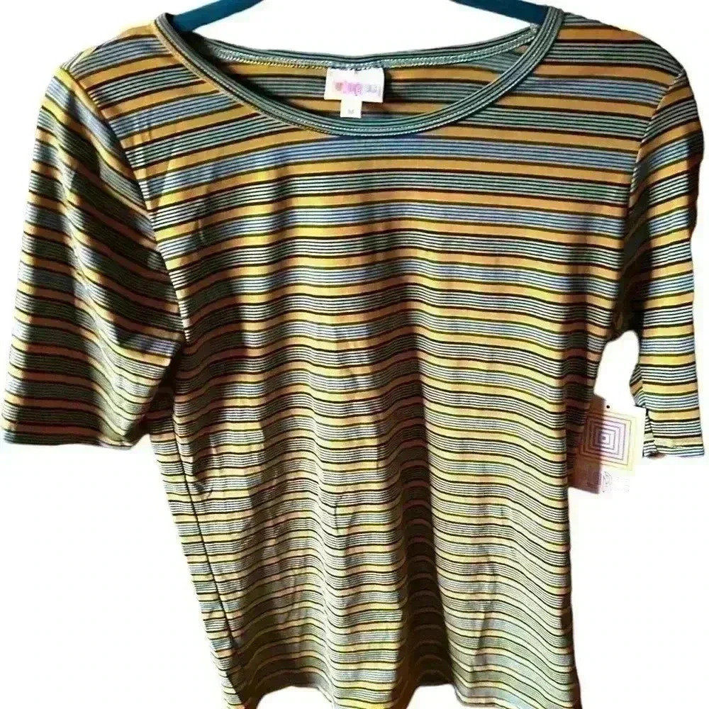 Lularoe medium mustard stripe Gigi top. Grey, mint, purple stripe. NWT.‎